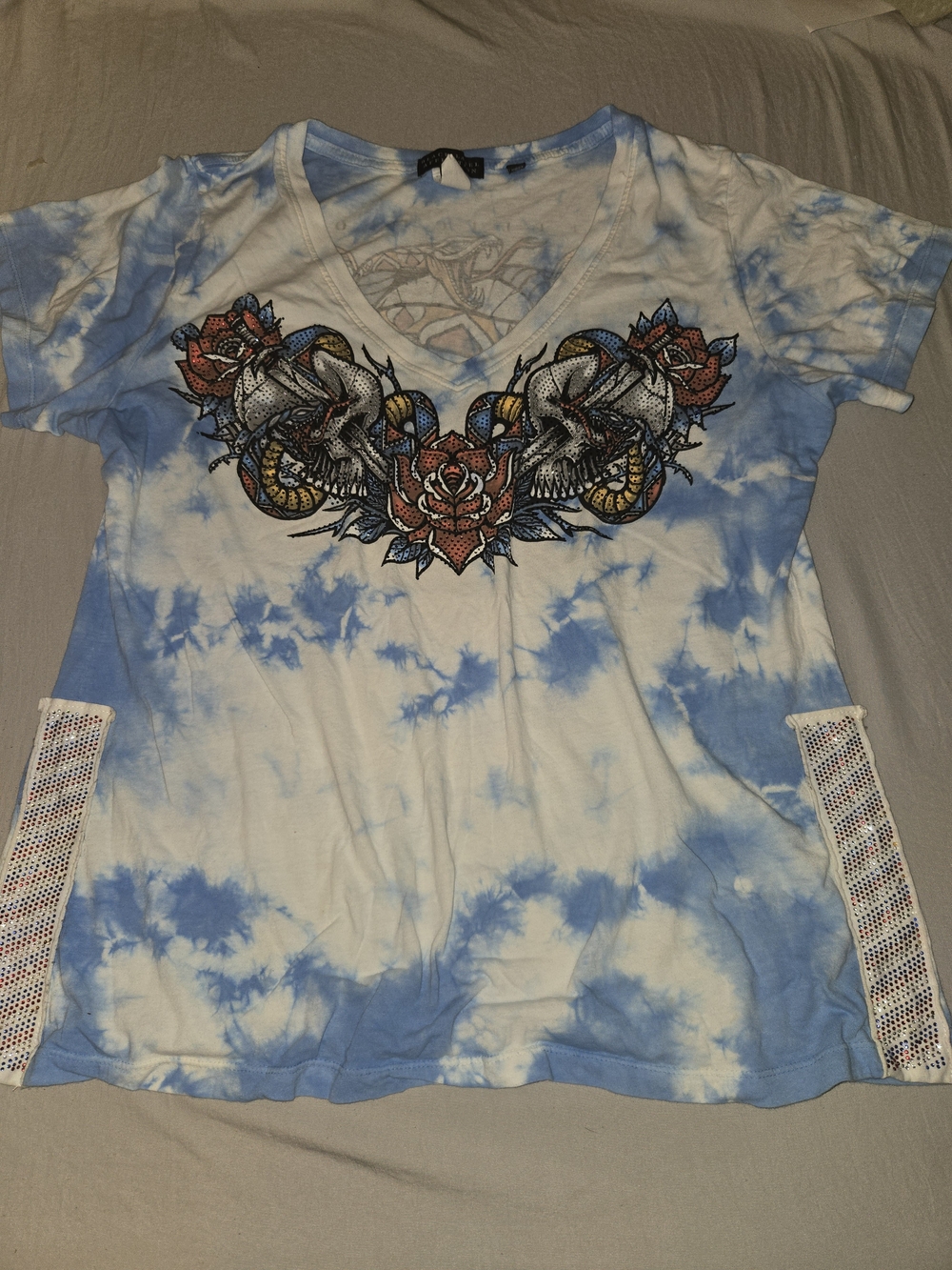 Affliction Blue & White Tie-Dye V-Neck Top with Skull and Rose Embroidery